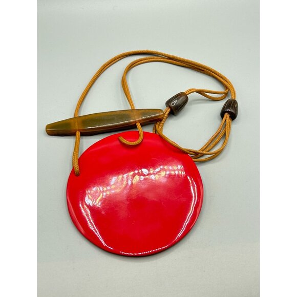 Oversized Red Statement Necklace Big Round Pendant with Mother of Pearl & Horn - Picture 10 of 11